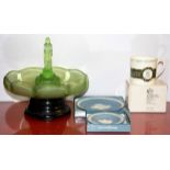 An Art Deco green glass centrepiece and three other items, Dia. centerpiece 27cm.