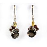 A pair of 925 silver drop earrings set with smokey quartz, citrines and garnets, L. 3.5cm W. 3.5g.