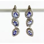 A pair of 925 silver drop earrings set with pear cut tanzanites and cubic zirconia, L . 3cm.