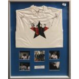 Autograph Interest. A framed autographed CD cover and T-Shirt by McFly, size 67 x 87cm.