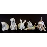 Five Lladro porcelain animal figures, tallest H. 12.5cm.