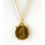 A shield back 1887 half sovereign, mounted in a 9ct gold pendant and chain, L. 3cm W. 7.2g.