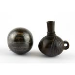 A Persian hammered steel ball perfume bottle and miniature olive wood bottle, olive bottle H. 5cm.