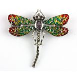 A 925 silver and marcasite dragonfly shaped brooch / pendant, set with rubies and amethyst,