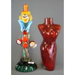 A large Murano glass clown figure, H. 42cm (with repair) with a Murano glass vase.