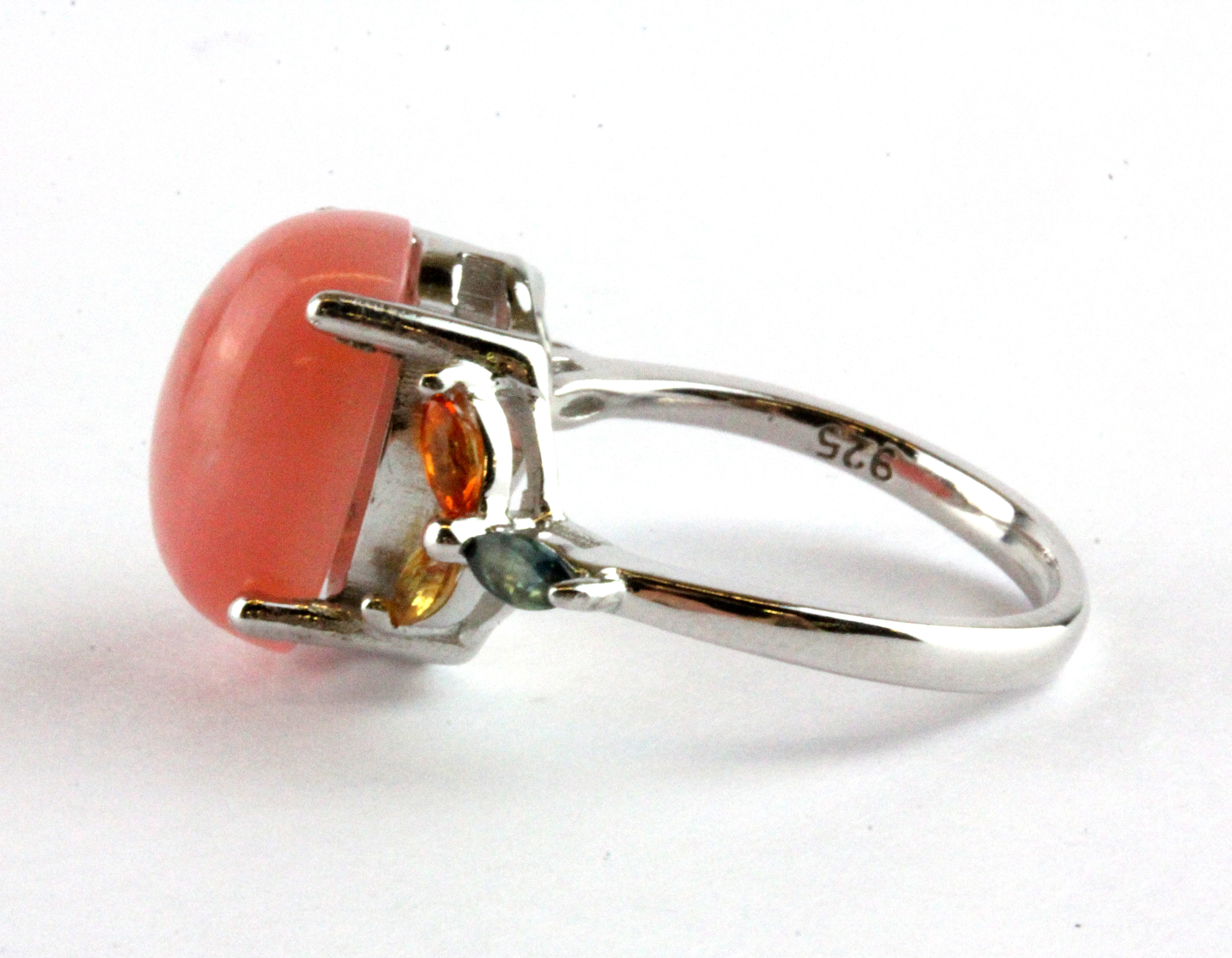 A 925 silver ring set with a cabochon cut pink opal and marquise cut fancy coloured sapphires, (P. - Image 2 of 2