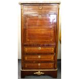 A French marble topped and ormolu decorated inlaid mahogany veneered escritoire desk, W. 64cm H.