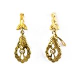 A pair of 18ct yellow gold (stamped 750) diamond set drop earrings, L. 3cm.