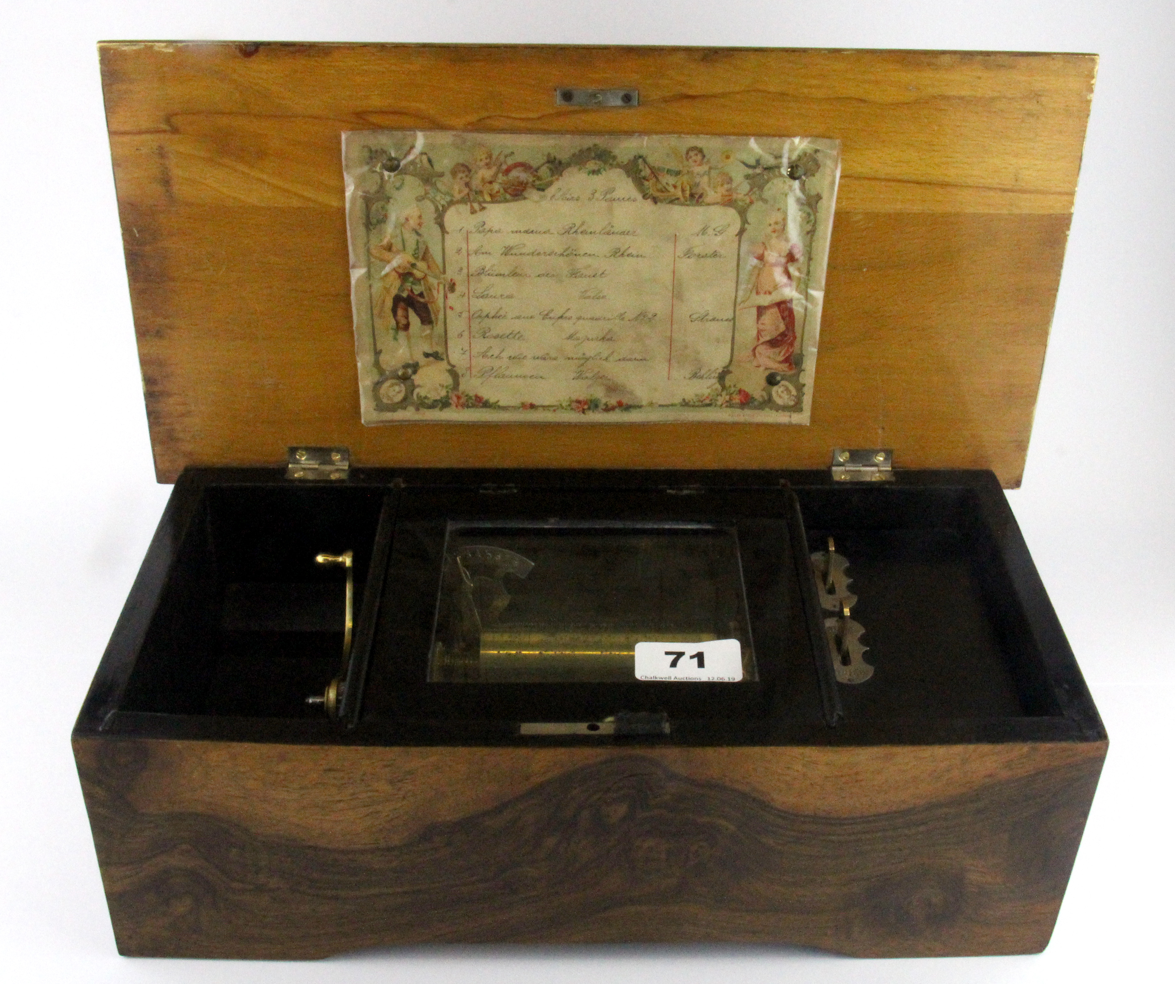 A Victorian music box playing eight tunes, in full w/o, 37 x 19 x 12cm.