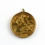 A half sovereign mounted as pendant in 9ct gold, L. 2.1cm, c. 1907.
