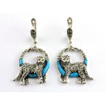 A pair of 925 silver and marcasite drop earrings set with turquoise, L. 4cm.