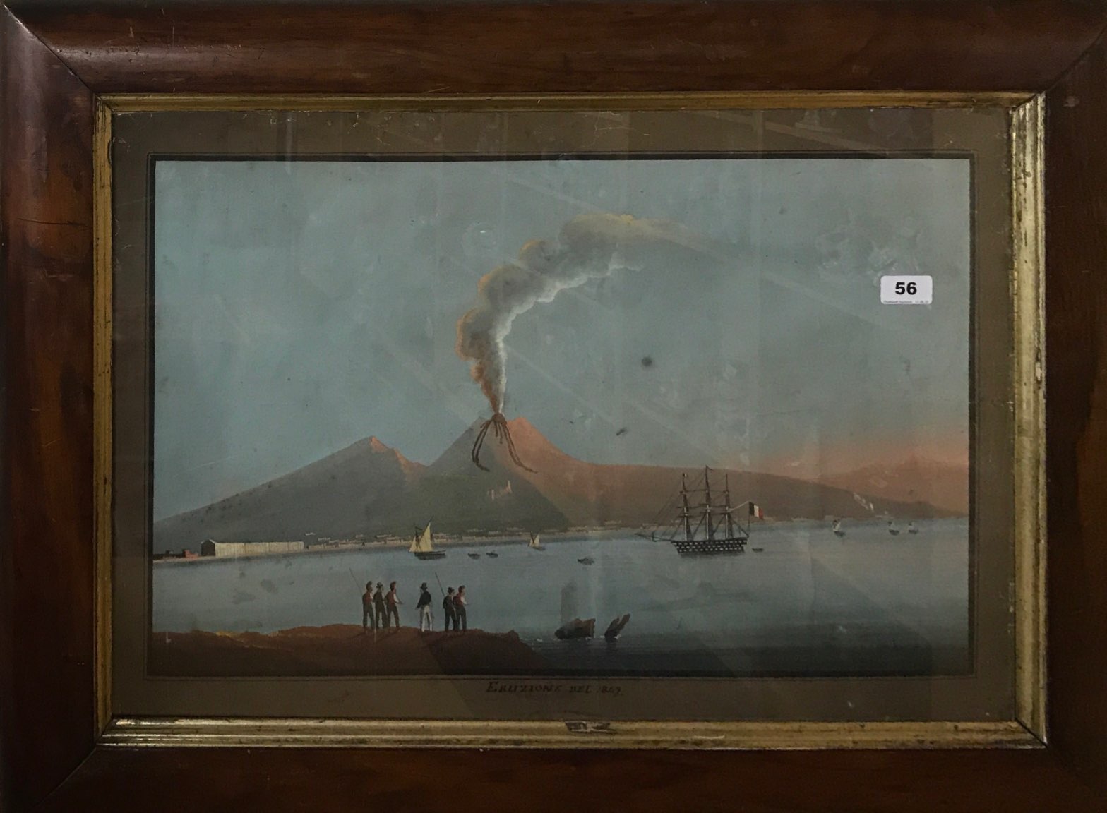 A 19th Century framed gouache painting of Mount Vesuvius erupting in 1849, frame 84 x 62cm.