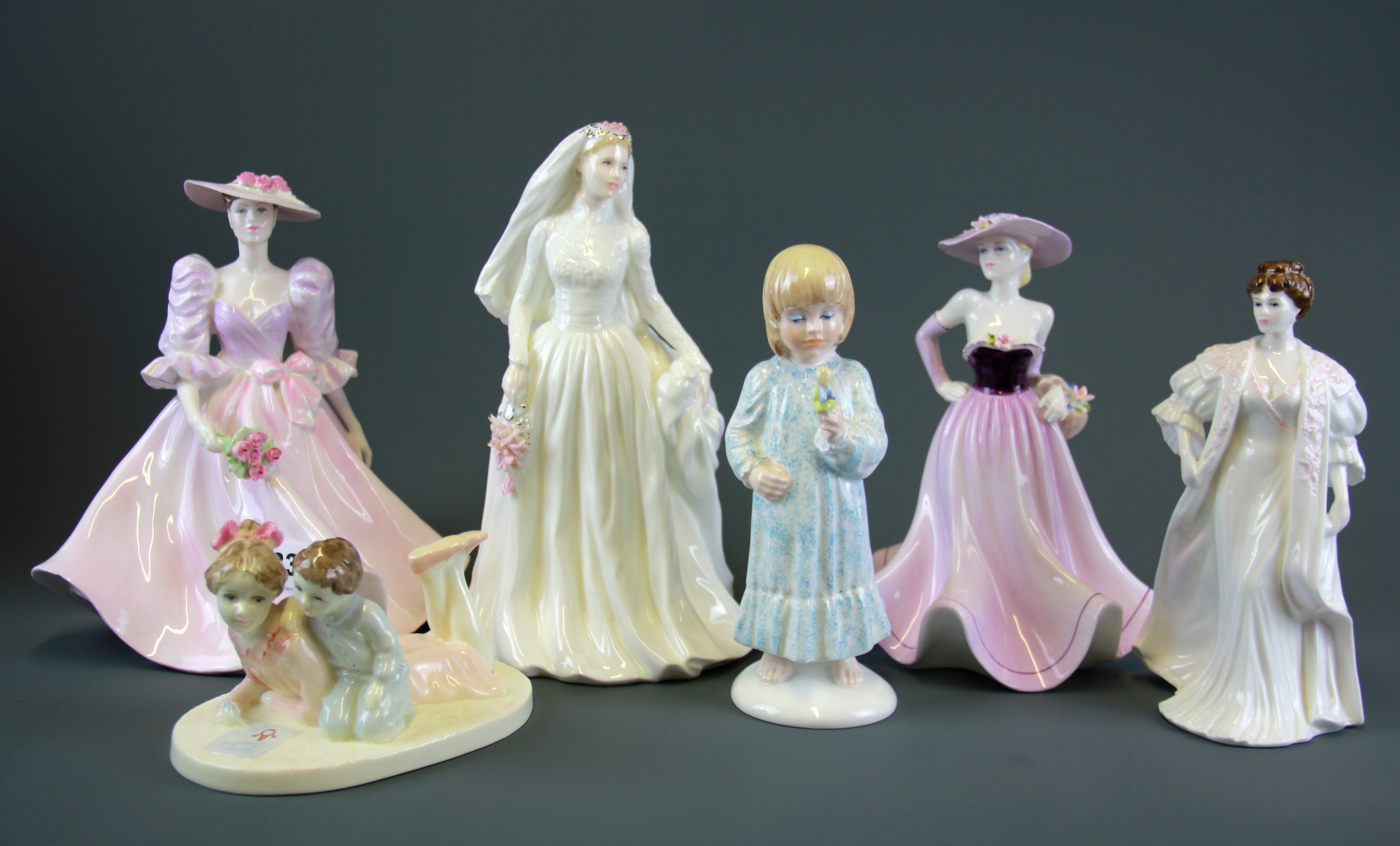 A group of six Coalport porcelain figurines including 'Barbara Ann' 10/89 and 'The Millennium Bride