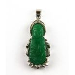 A 18ct white gold plate mounted carved green jade pendant of the goddess Guanyin, L. 4.5cm.