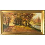 A gilt framed impressionist style oil on canvas of autumn woodland, frame 63 x 114cm, signed Nelly.