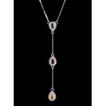 A 925 silver necklace set with pear cut fancy colour sapphires and cubic zirconia, L. 22cm,