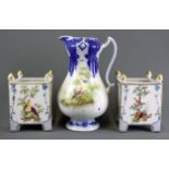 A Royal Doulton water jug, H. 33cm, together with a pair of similar porcelain planters.