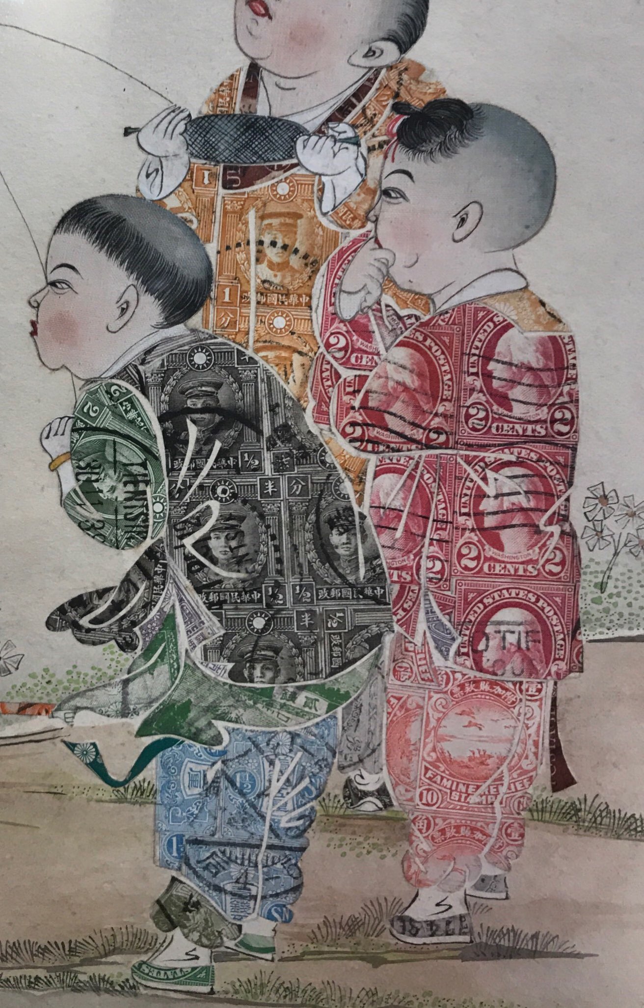 A rare Chinese watercolour on paper incorporating early 20thC cut out American and Chinese postage - Image 3 of 3