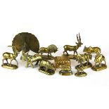 A hammered brass snuff box and a quantity of small brass animal figures, snuff box size 5 x 4 x 2.