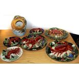 Six Palissy type wall plates and crab pot.