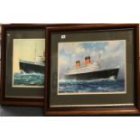A pair of large framed Cunard fleet prints (Queen Elizabeth and Queen Mary) by C E Turner, size 89 x
