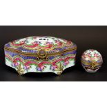 A Limoges porcelain hand painted casket and trinket box, casket W. 19cm.