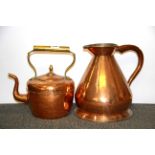 A 19th Century copper and brass kettle and large measuring jug, H. 32cm.