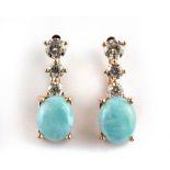 A pair of 925 silver rose gold gilt drop earrings set with cabochon cut larimar and cubic