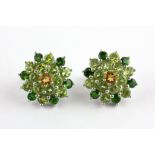 A pair of 925 silver cluster earrings set with peridot, chrome diopsides and citrines, Dia. 2.2cm.