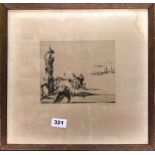 An unusual pencil signed limited edition 32/100 engraving of a knife fight, framed size 38 x 36cm.