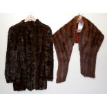 A dark vintage mink jacket and stole. Jacket armpit to armpit W. 50cm.