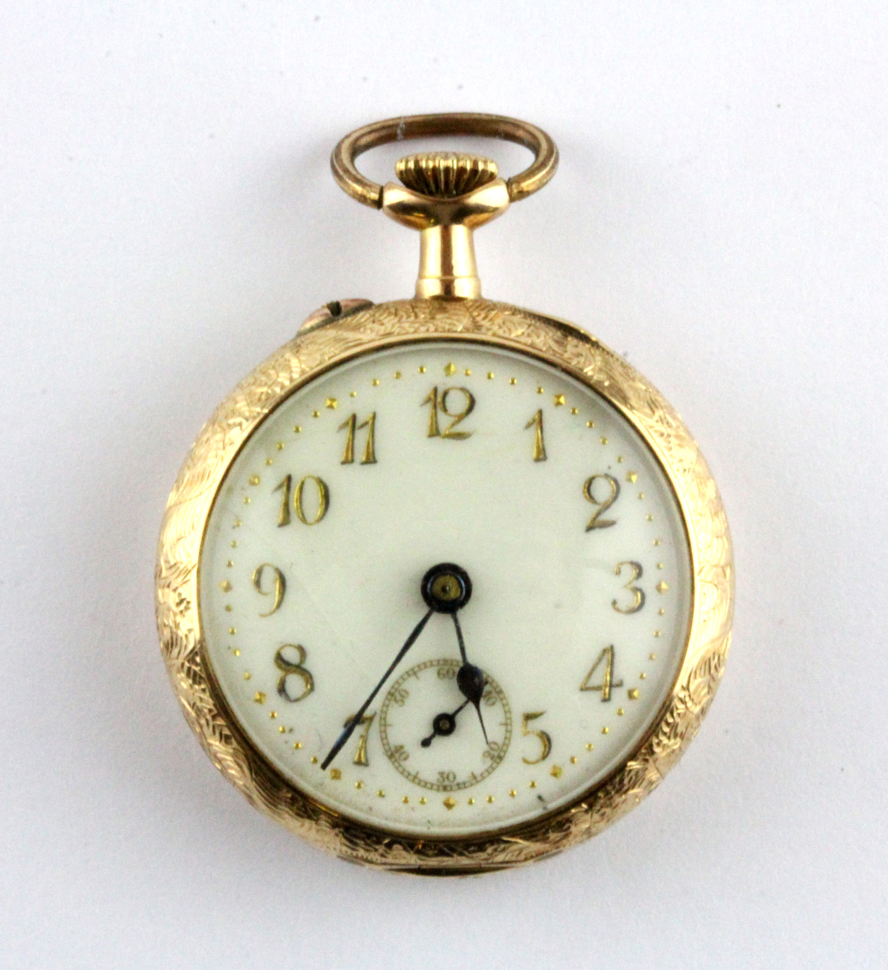A 14ct yellow gold (stamped 14k) open face lady's fob watch.