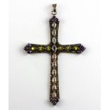 A large 925 silver and marcasite crucifix pendant set with coloured cubic zirconia, 10.5 x 7cm.