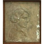 A pine framed plaster bass relief portrait plaque of a young woman signed Hopkin, 40 x 47cm.