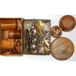 A box of silverplate and a quantity of wooden items.