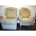 Two Contemporary upholstered armchairs, one reclining.