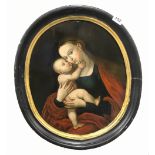 An 18th Century framed continental oil on panel of the Madonna and child, frame 49 x 58cm.