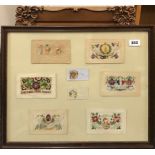 A framed group of First World War silk postcards and a gilt framed print of Disraeli.