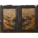 A pair of 1920's Japanese hand painted and gilt wooden panels, size 37 x 54cm.