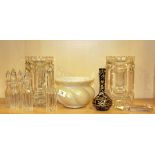 A pair of 19th Century cut crystal lustres, H. 21cm five cut glass bottles and a Loetz style bowl,