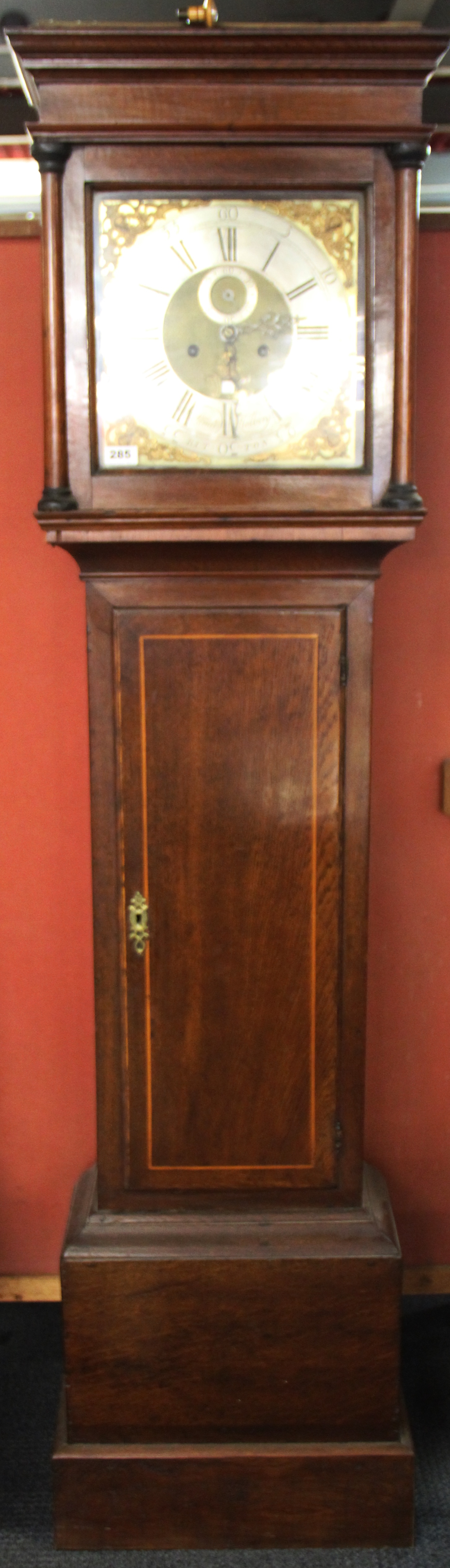 A late 18thC oak longcase clock, movement by Samuel Holbin with silvered and gilt brass dial, H.