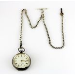 A hallmarked silver open face pocket watch with a 925 silver Albert chain and a pocket watch key.