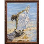 A large gilt framed oil on canvas of a young woman on a beach, possibly after the Spanish painter