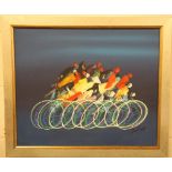 A framed contemporary oil on canvas of a bicycle race, signed 'Jeclong', 70 x 59cm.