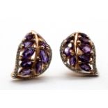 A pair of 925 silver rose gold gilt leaf shaped earrings set with marquise cut amethyst and cubic