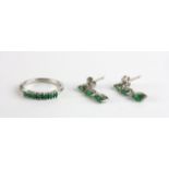A pair of 925 silver drop earrings set with marquise cut emeralds and a 925 silver emerald half