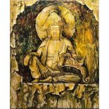 A very large textured mixed media oil on canvas of the seated Buddha, 152 x 183cm.