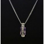 A 9ct white gold amethyst and diamond set pendant and chain, L. 1.5cm.