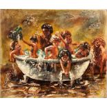 An oil on canvas of children bathing, 61 x 51cm.