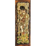 A large mixed media oil on canvas after Gustaf Klimt 'The Kiss', 180 x 60cm.